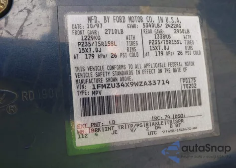 1998 Ford Explorer Eddie Bauer/Limited/Xl/Xlt from USA, damaged, VIN 1FMZU34X9WZA33714